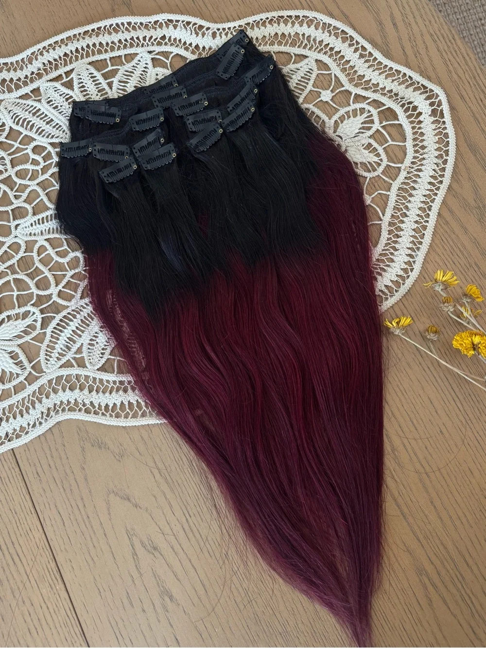 100% Human Hair Clip-In Extensions Black to Burgundy Ombre | Straight